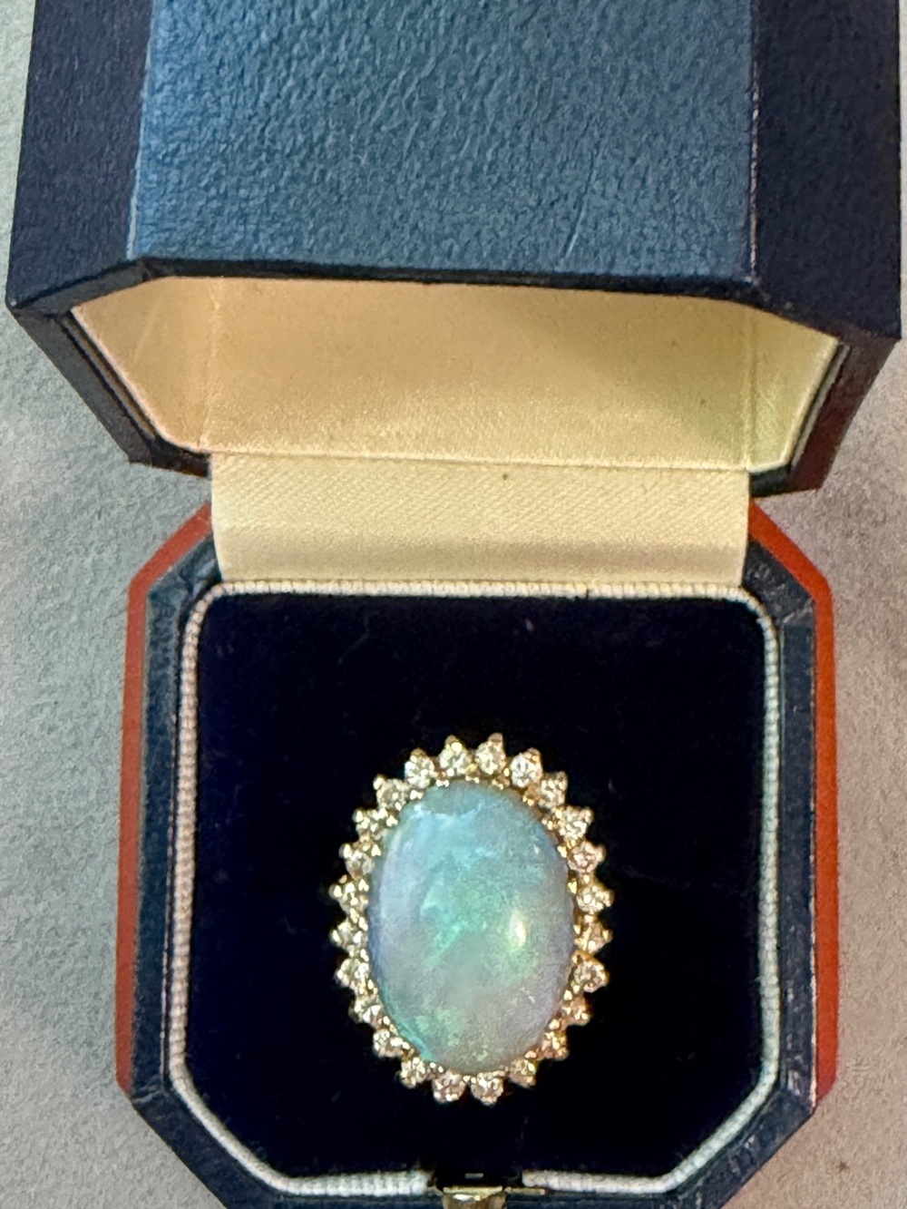 Natural Opal Ring with Gold Diamond Halo - Blue Green Opal for October !!
